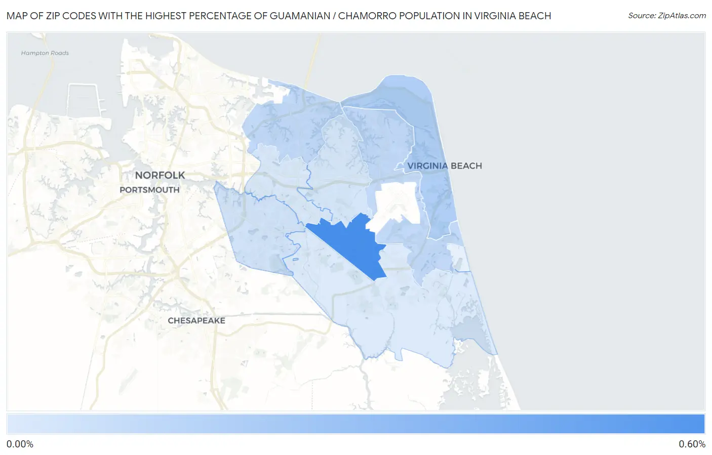 Zip Codes with the Highest Percentage of Guamanian / Chamorro Population in Virginia Beach Map