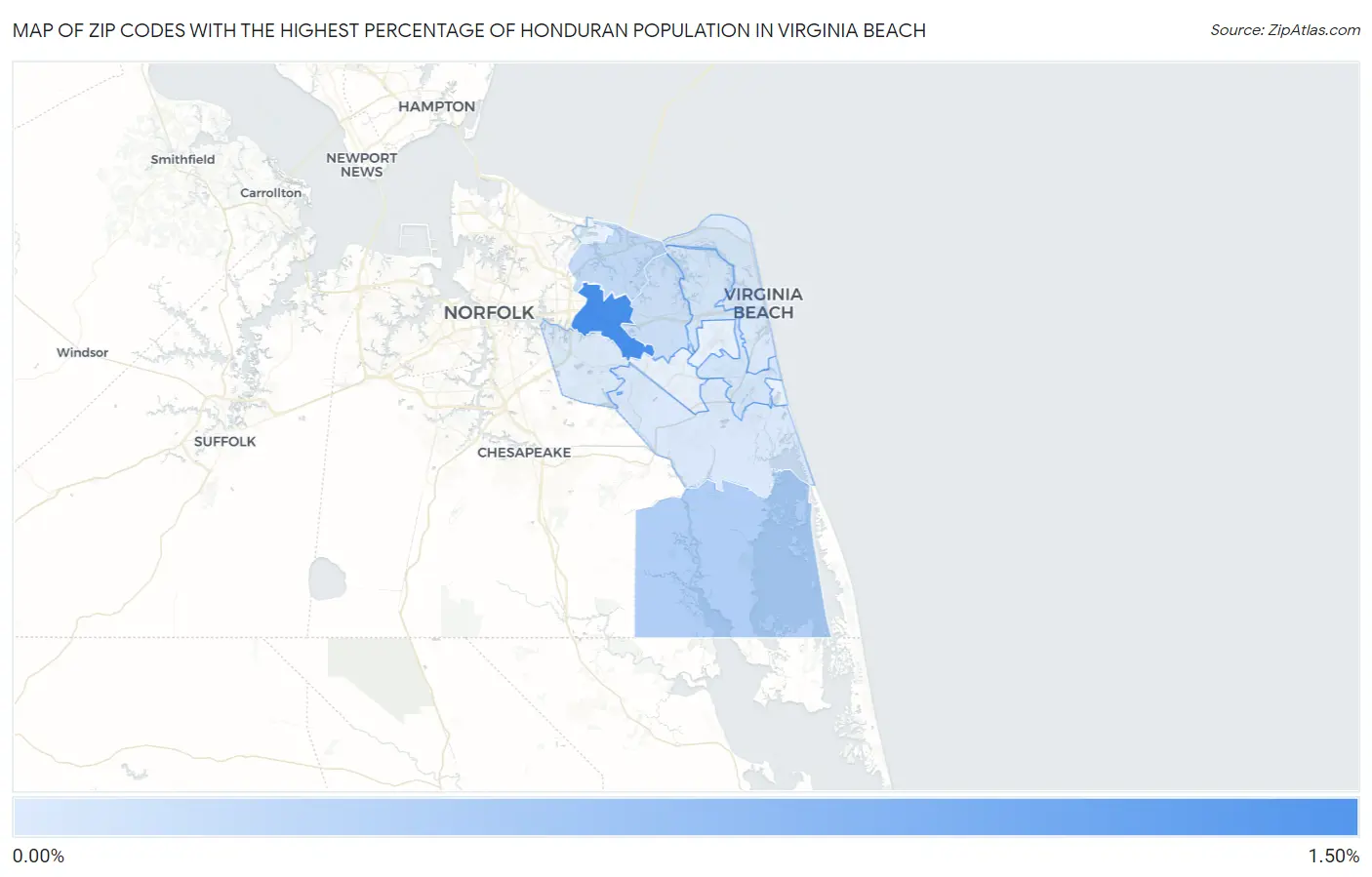 Zip Codes with the Highest Percentage of Honduran Population in Virginia Beach Map