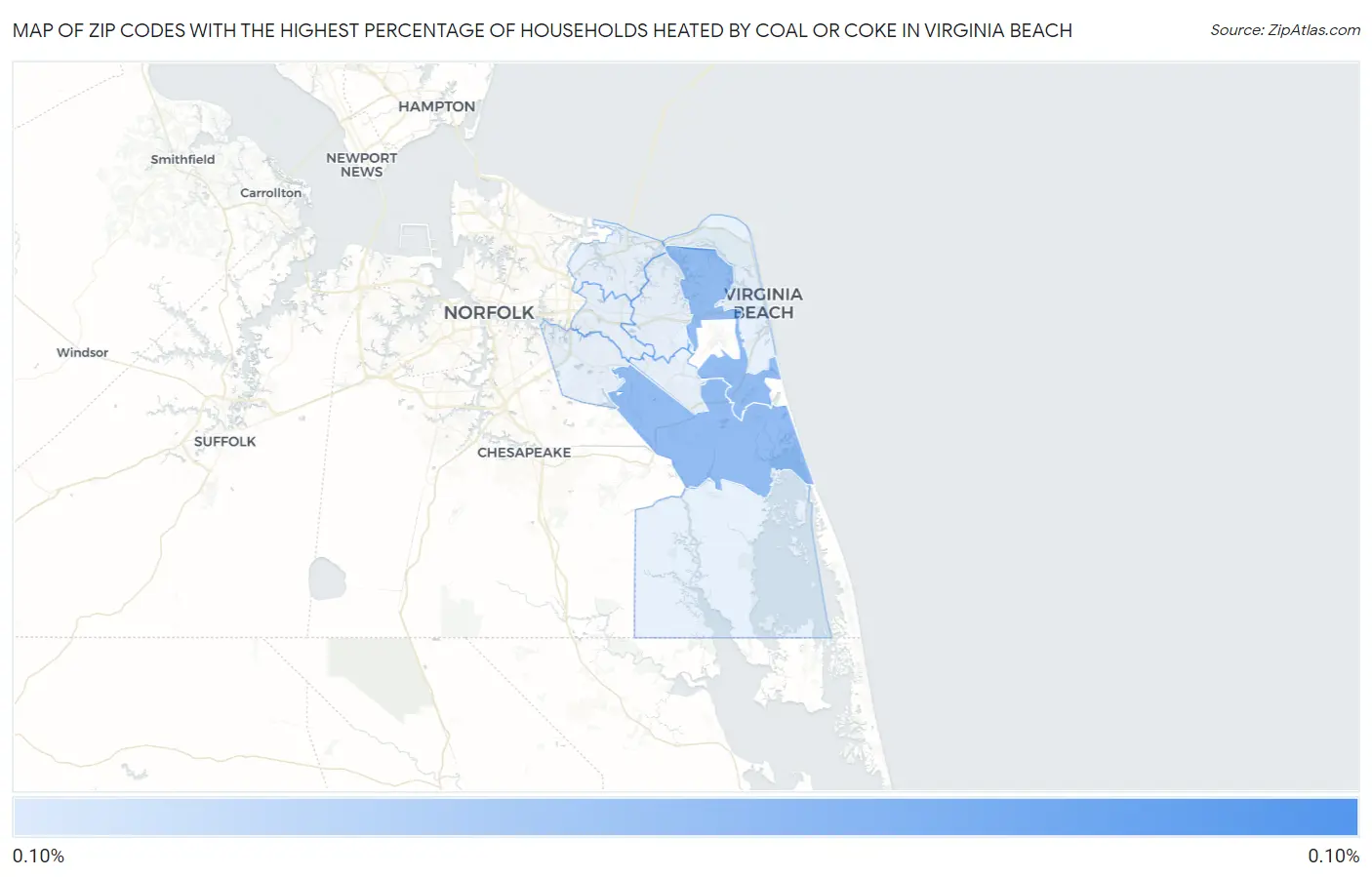 Zip Codes with the Highest Percentage of Households Heated by Coal or Coke in Virginia Beach Map