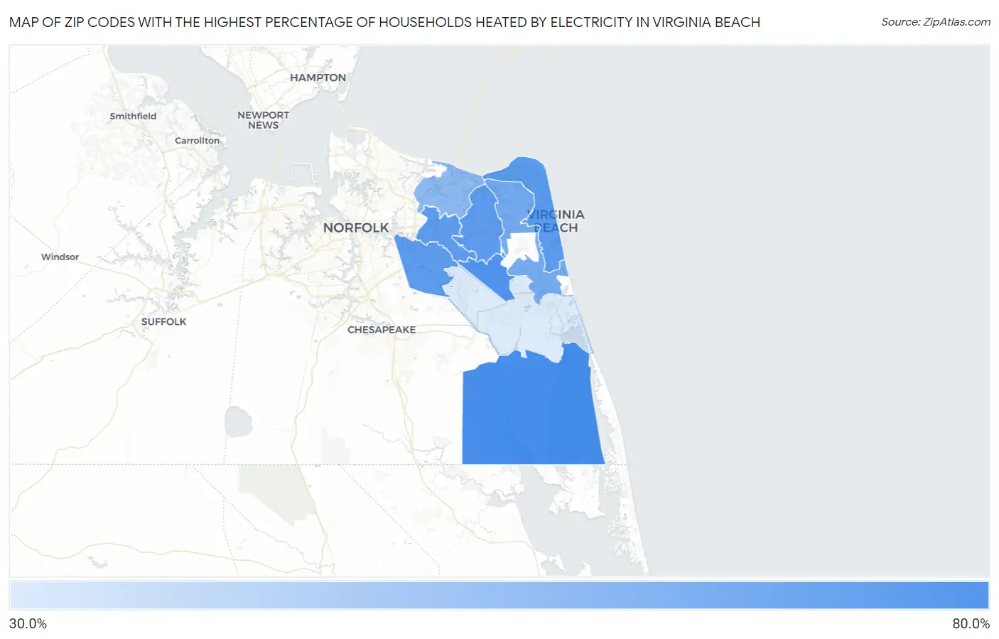 Zip Codes with the Highest Percentage of Households Heated by Electricity in Virginia Beach Map
