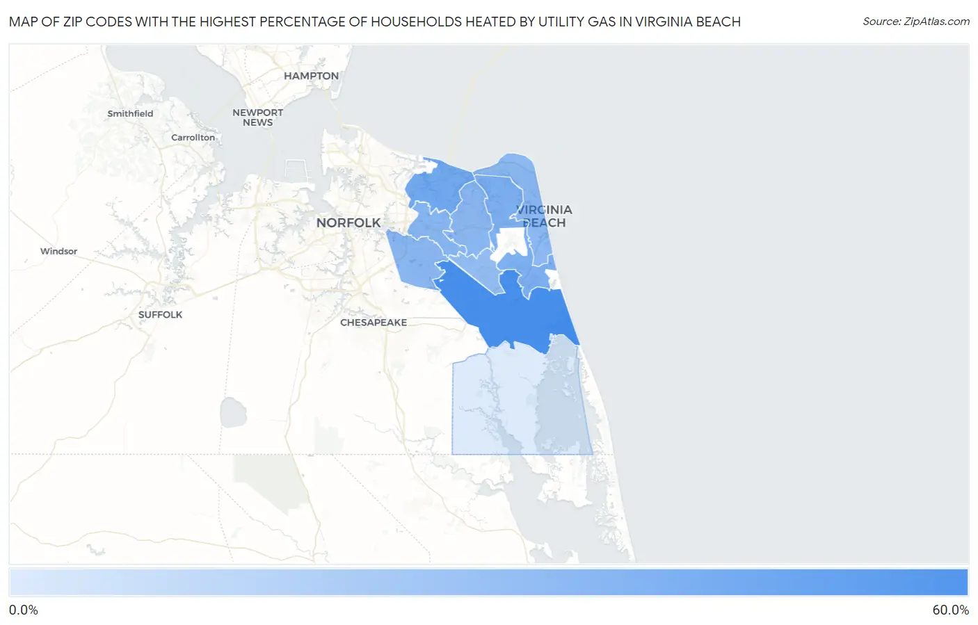 Zip Codes with the Highest Percentage of Households Heated by Utility Gas in Virginia Beach Map