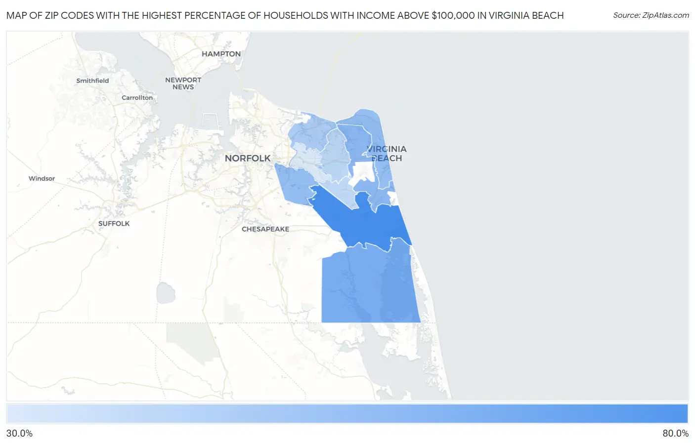 Zip Codes with the Highest Percentage of Households with Income Above $100,000 in Virginia Beach Map