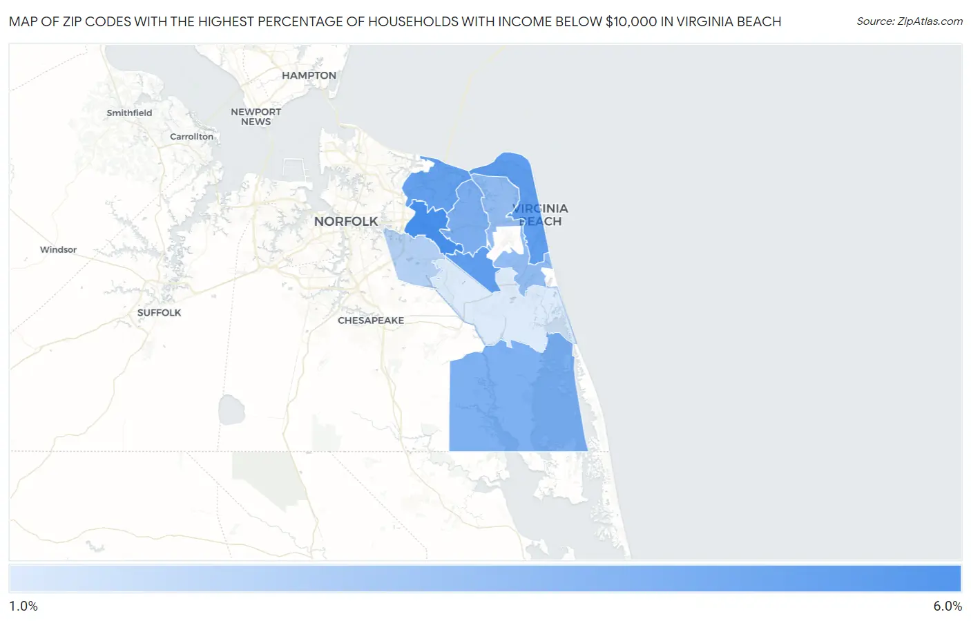 Zip Codes with the Highest Percentage of Households with Income Below $10,000 in Virginia Beach Map