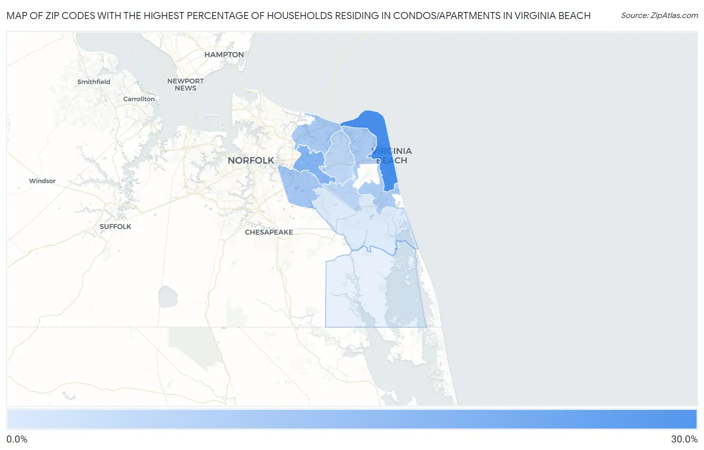 Zip Codes with the Highest Percentage of Households Residing in Condos/Apartments in Virginia Beach Map