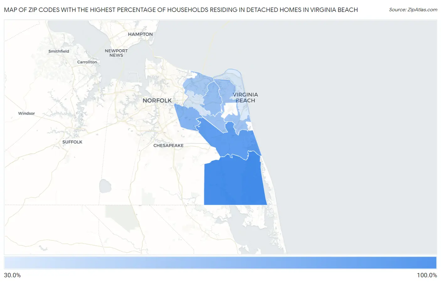 Zip Codes with the Highest Percentage of Households Residing in Detached Homes in Virginia Beach Map
