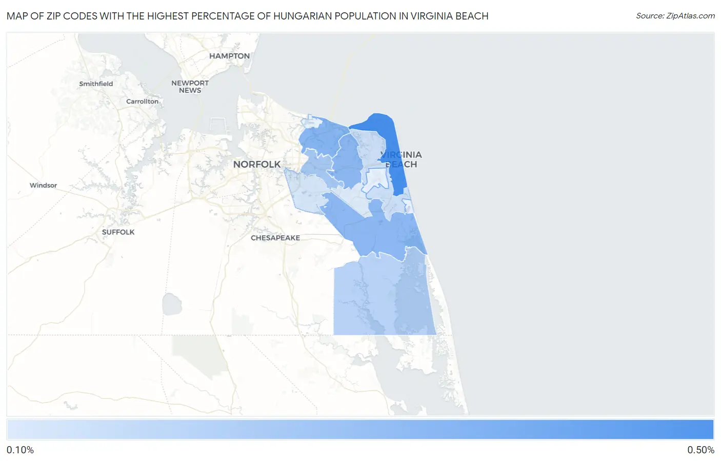 Zip Codes with the Highest Percentage of Hungarian Population in Virginia Beach Map