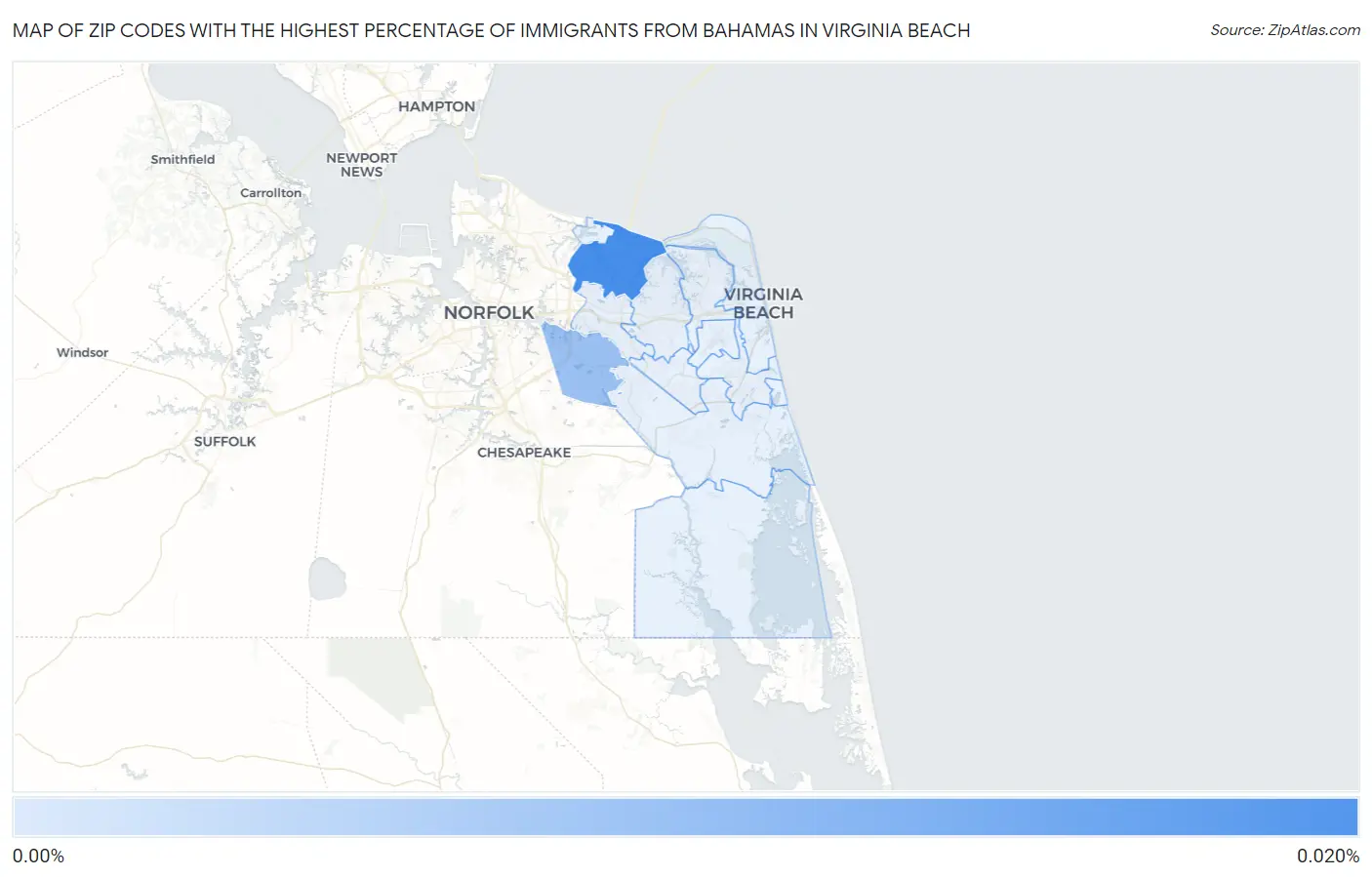 Zip Codes with the Highest Percentage of Immigrants from Bahamas in Virginia Beach Map