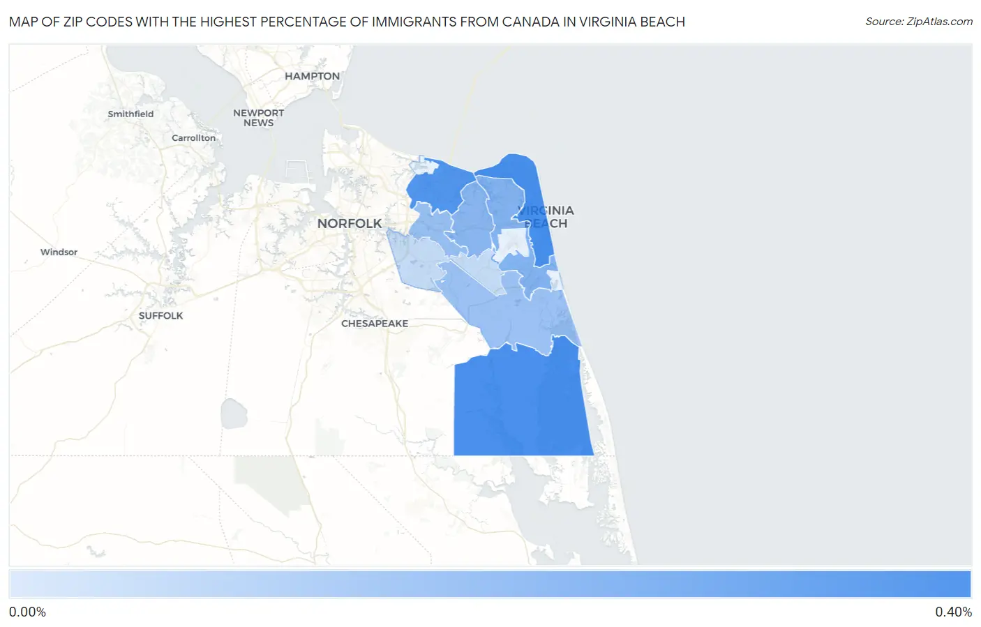 Zip Codes with the Highest Percentage of Immigrants from Canada in Virginia Beach Map