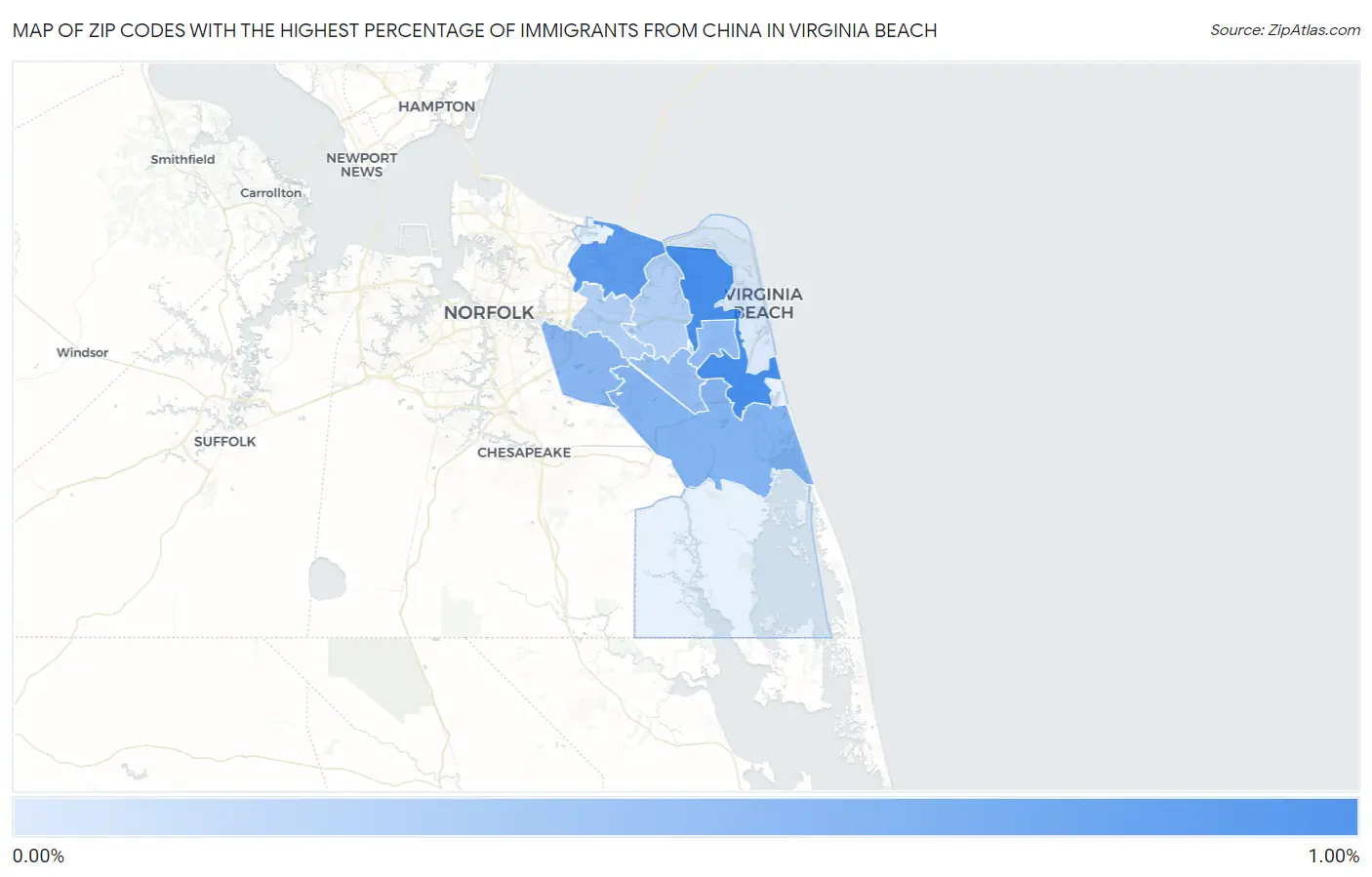Zip Codes with the Highest Percentage of Immigrants from China in Virginia Beach Map