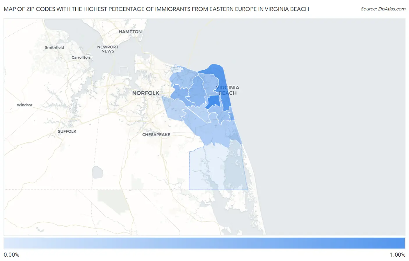 Zip Codes with the Highest Percentage of Immigrants from Eastern Europe in Virginia Beach Map