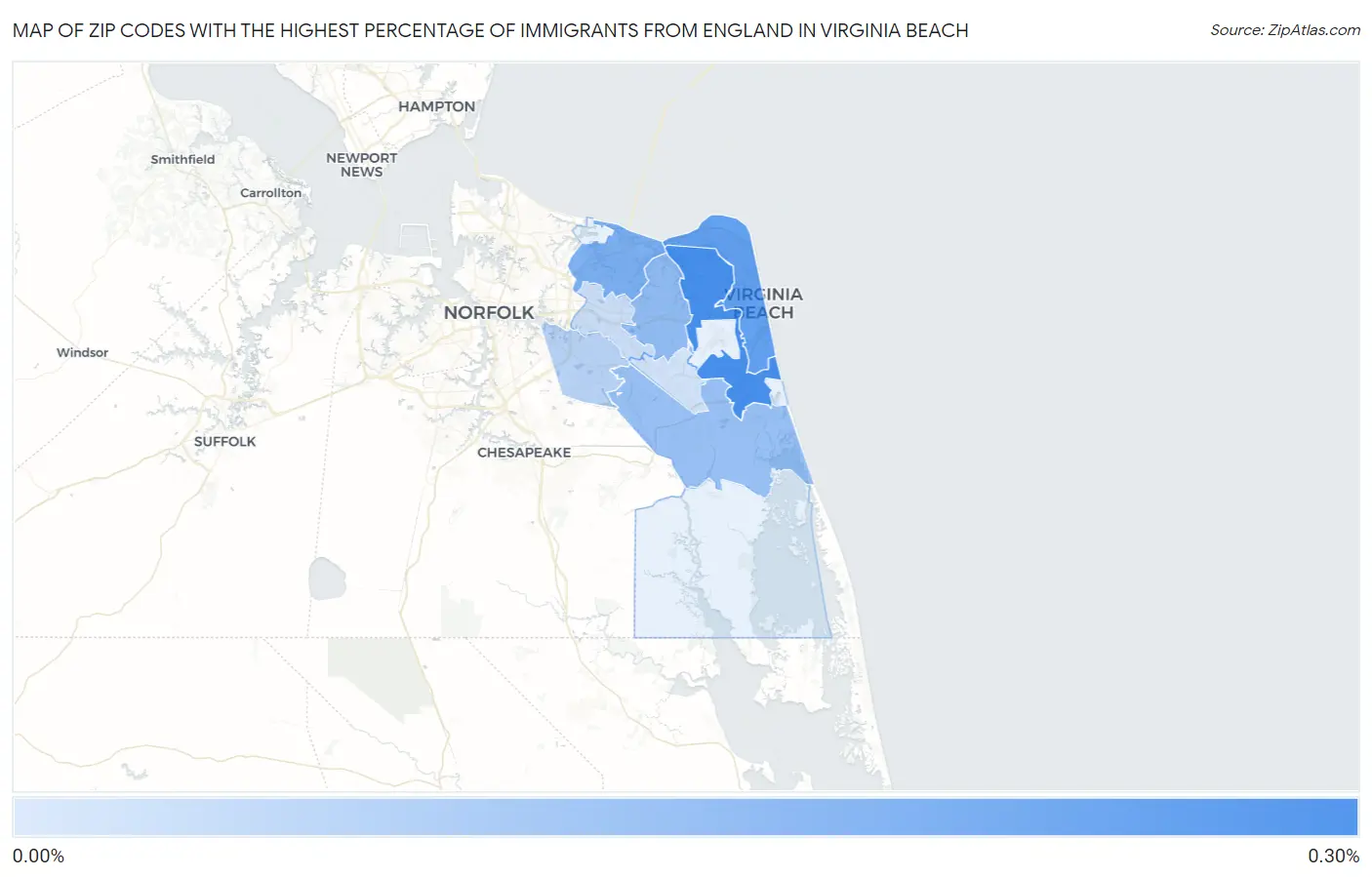 Zip Codes with the Highest Percentage of Immigrants from England in Virginia Beach Map