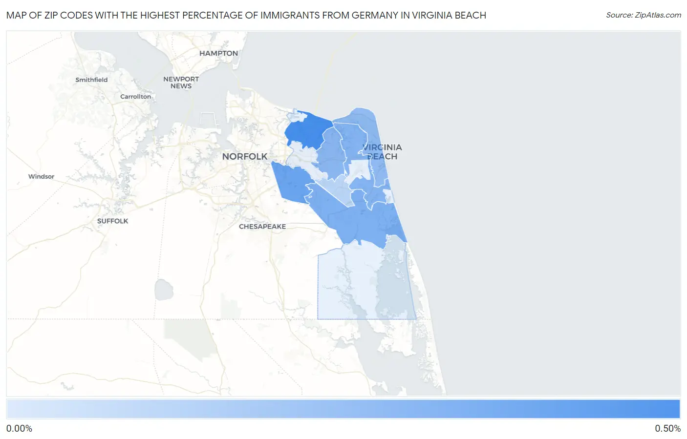 Zip Codes with the Highest Percentage of Immigrants from Germany in Virginia Beach Map