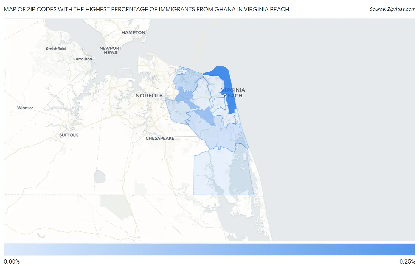 Zip Codes with the Highest Percentage of Immigrants from Ghana in Virginia Beach Map