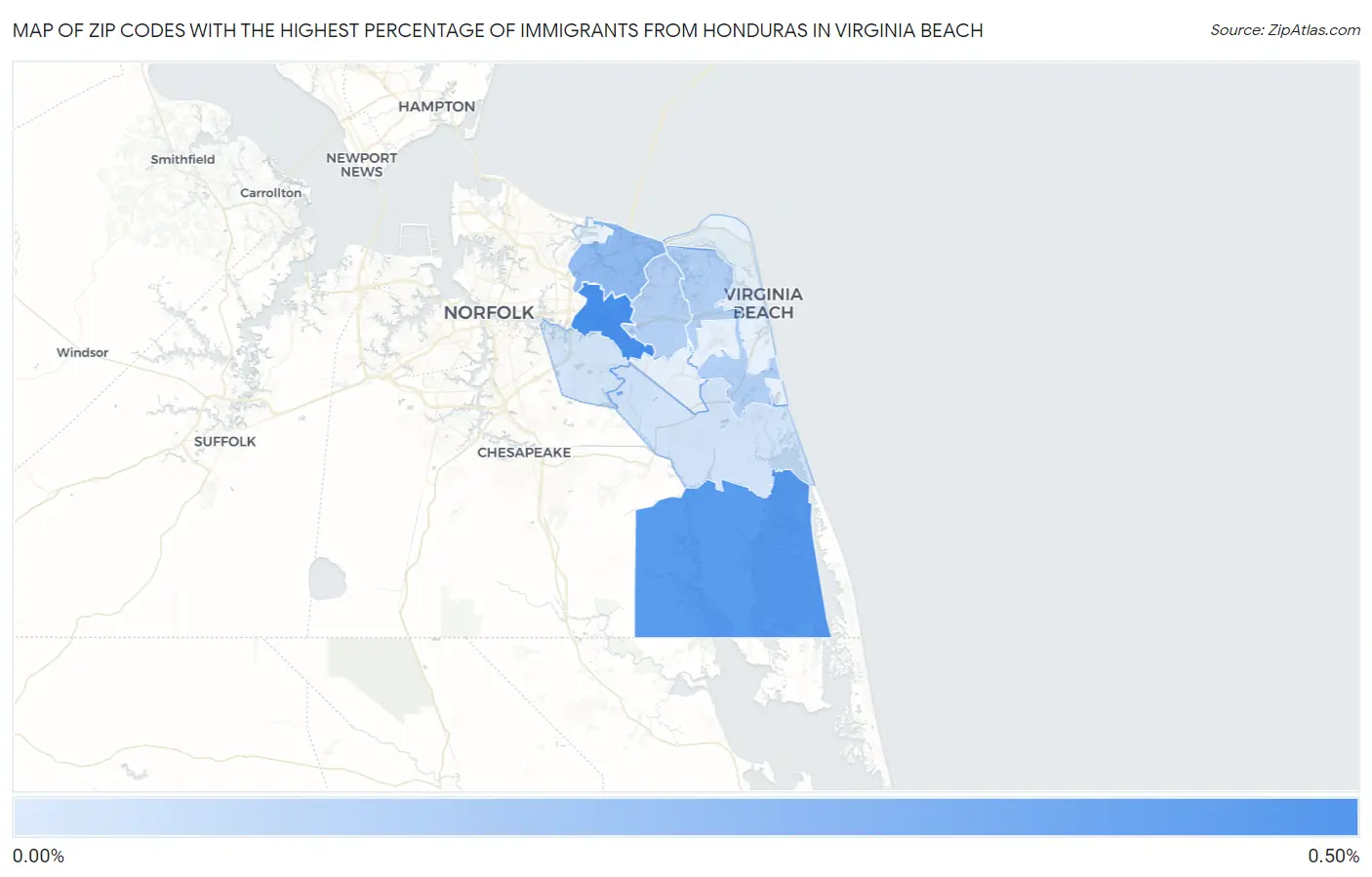 Zip Codes with the Highest Percentage of Immigrants from Honduras in Virginia Beach Map