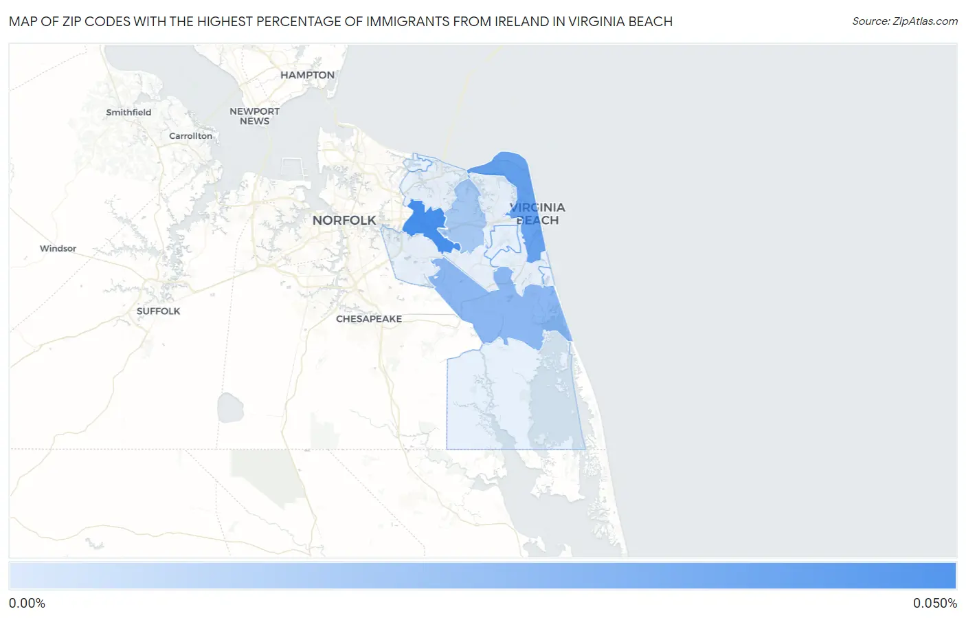 Zip Codes with the Highest Percentage of Immigrants from Ireland in Virginia Beach Map