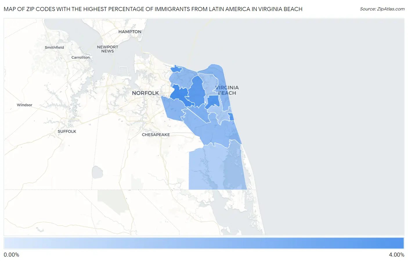 Zip Codes with the Highest Percentage of Immigrants from Latin America in Virginia Beach Map