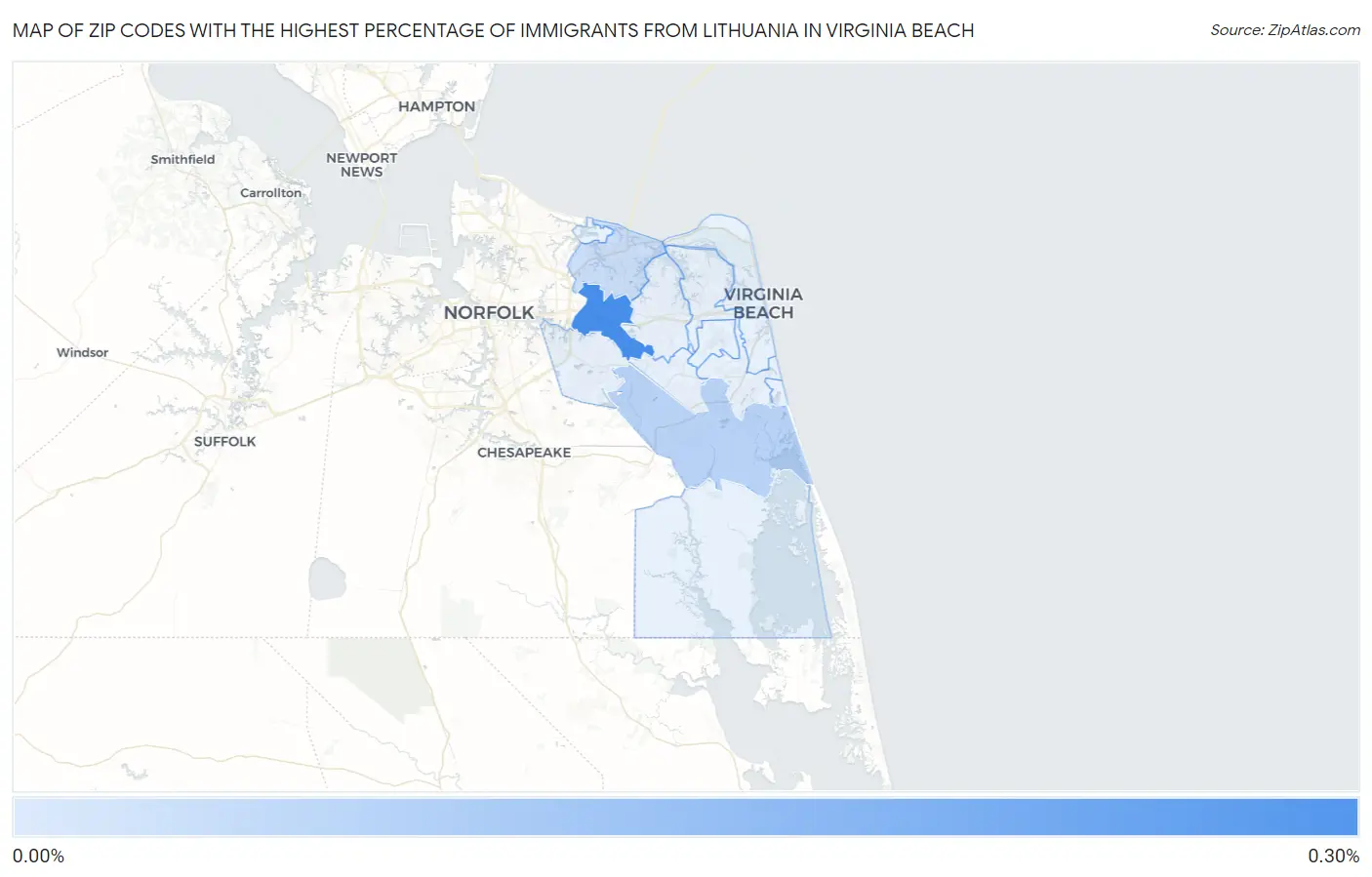 Zip Codes with the Highest Percentage of Immigrants from Lithuania in Virginia Beach Map