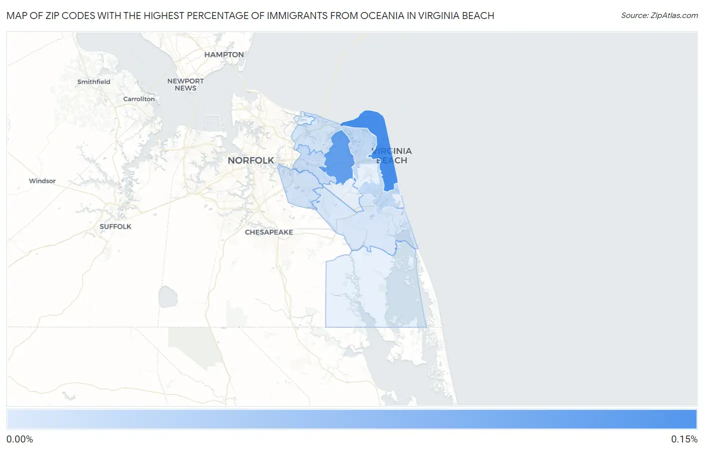 Zip Codes with the Highest Percentage of Immigrants from Oceania in Virginia Beach Map