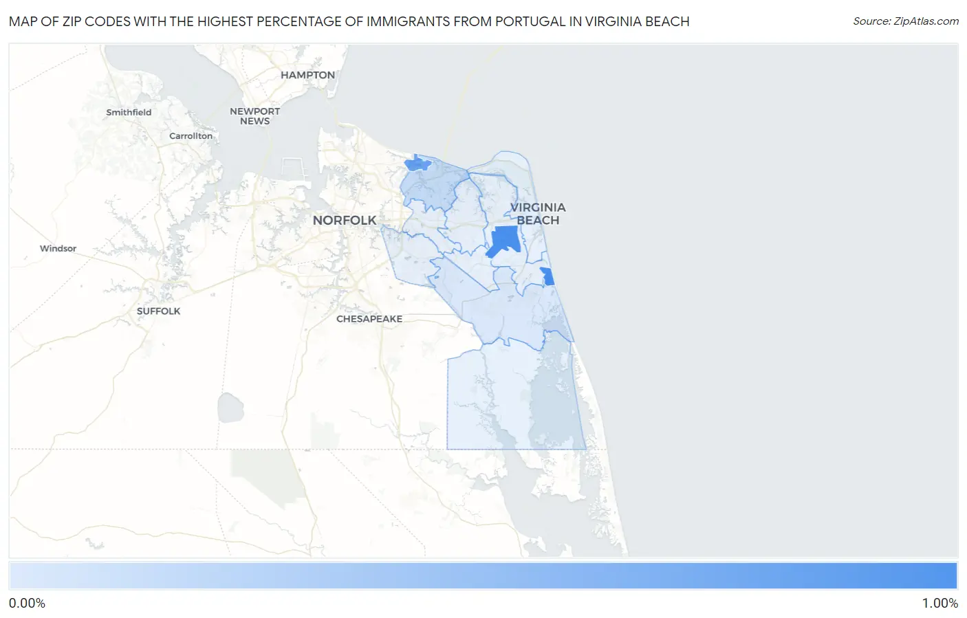 Zip Codes with the Highest Percentage of Immigrants from Portugal in Virginia Beach Map