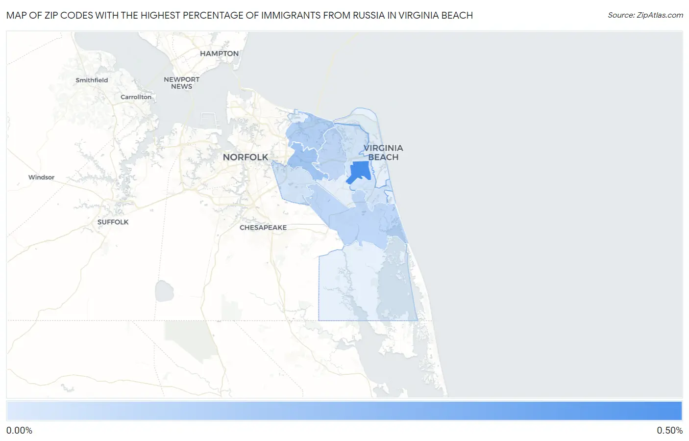 Zip Codes with the Highest Percentage of Immigrants from Russia in Virginia Beach Map