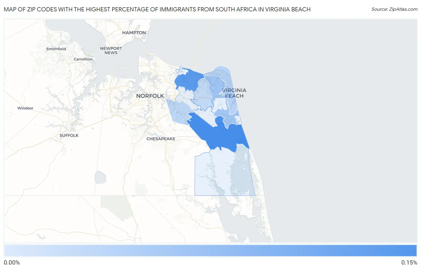 Zip Codes with the Highest Percentage of Immigrants from South Africa in Virginia Beach Map