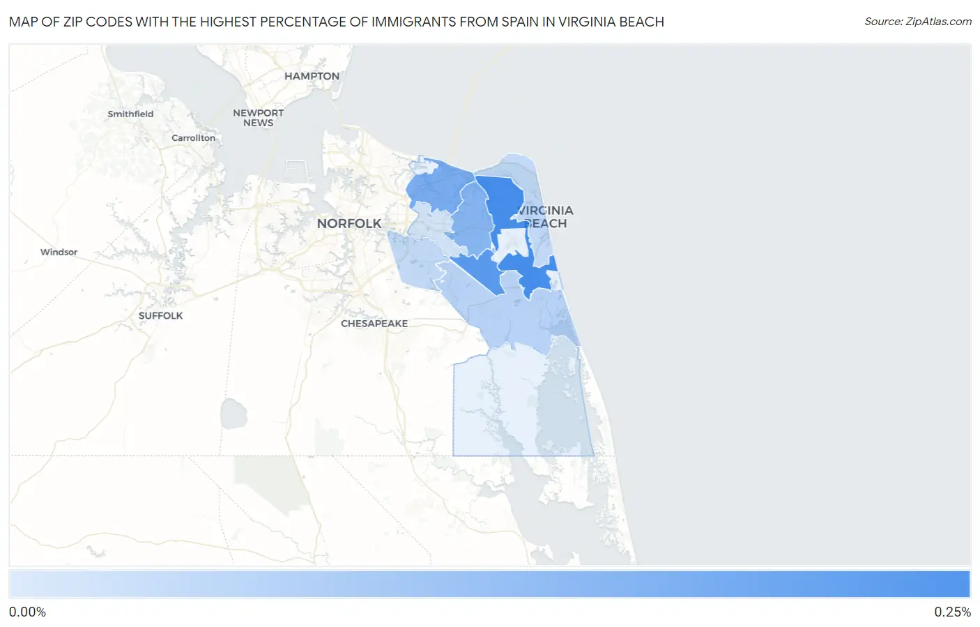 Zip Codes with the Highest Percentage of Immigrants from Spain in Virginia Beach Map