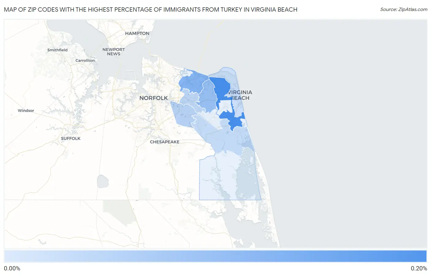 Zip Codes with the Highest Percentage of Immigrants from Turkey in Virginia Beach Map