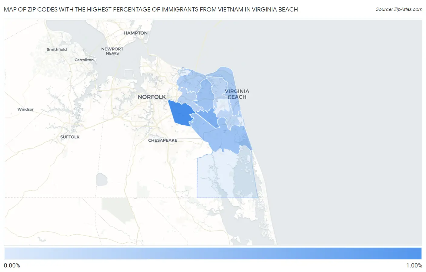 Zip Codes with the Highest Percentage of Immigrants from Vietnam in Virginia Beach Map