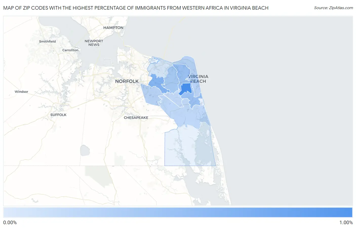 Zip Codes with the Highest Percentage of Immigrants from Western Africa in Virginia Beach Map
