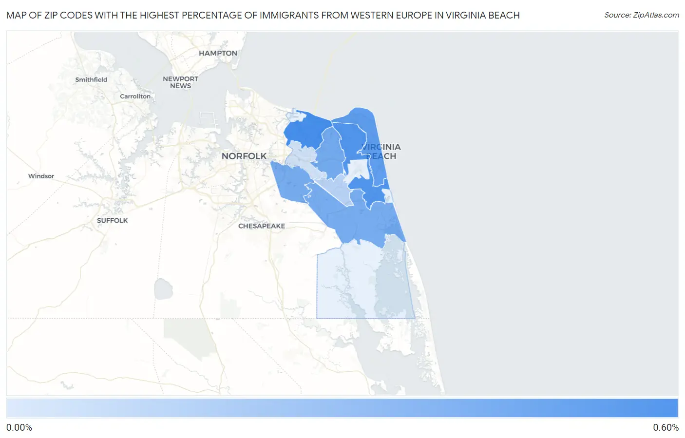 Zip Codes with the Highest Percentage of Immigrants from Western Europe in Virginia Beach Map