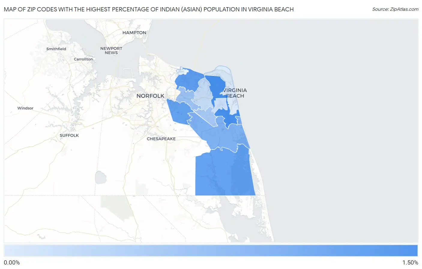Zip Codes with the Highest Percentage of Indian (Asian) Population in Virginia Beach Map