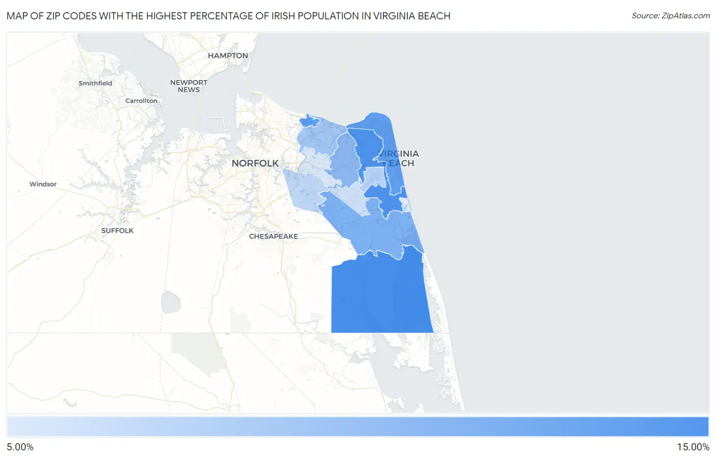 Zip Codes with the Highest Percentage of Irish Population in Virginia Beach Map