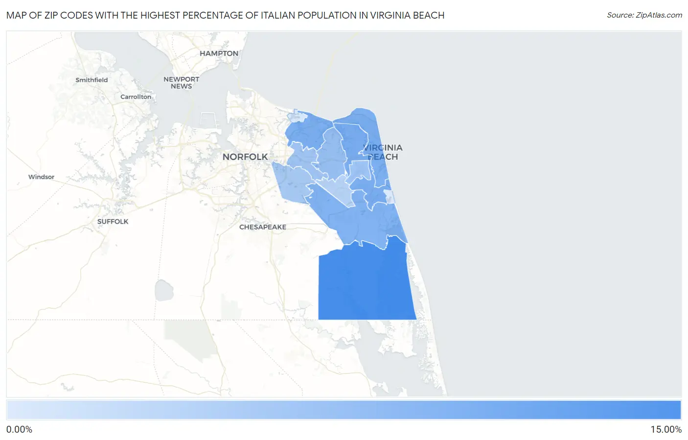 Zip Codes with the Highest Percentage of Italian Population in Virginia Beach Map