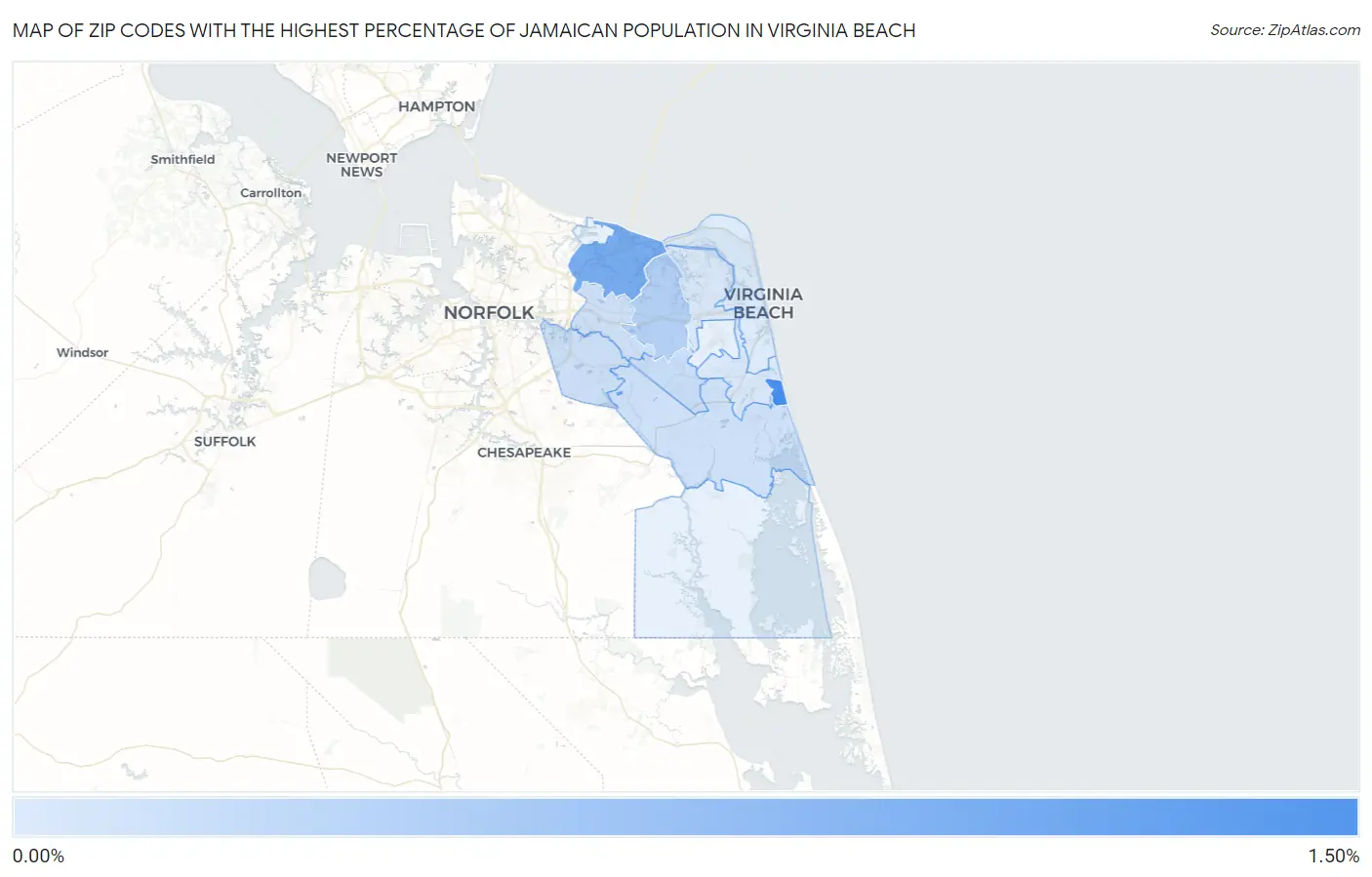 Zip Codes with the Highest Percentage of Jamaican Population in Virginia Beach Map
