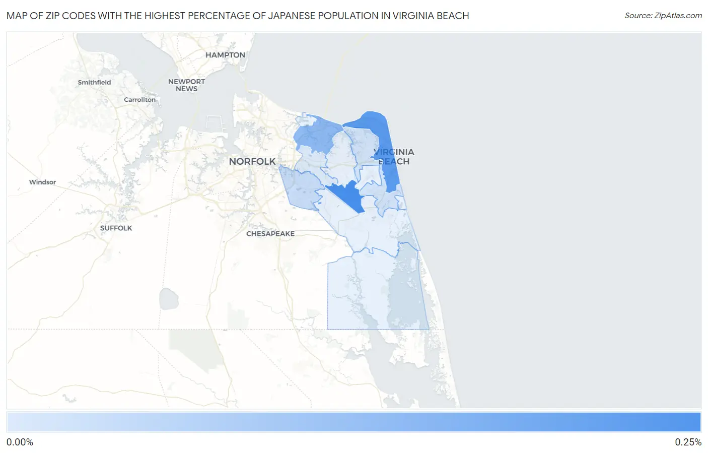 Zip Codes with the Highest Percentage of Japanese Population in Virginia Beach Map