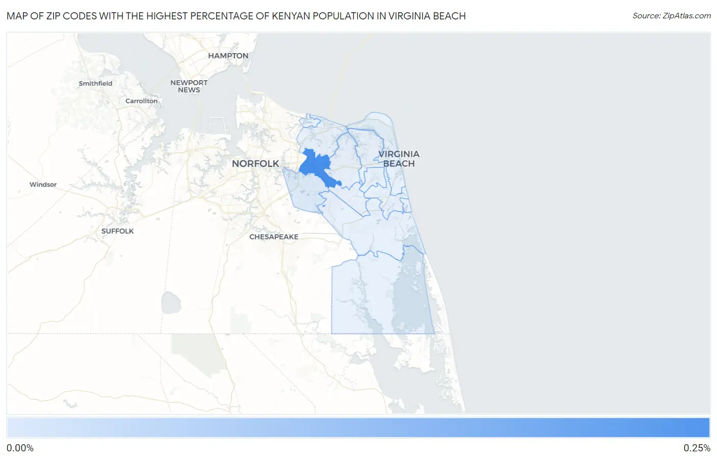 Zip Codes with the Highest Percentage of Kenyan Population in Virginia Beach Map