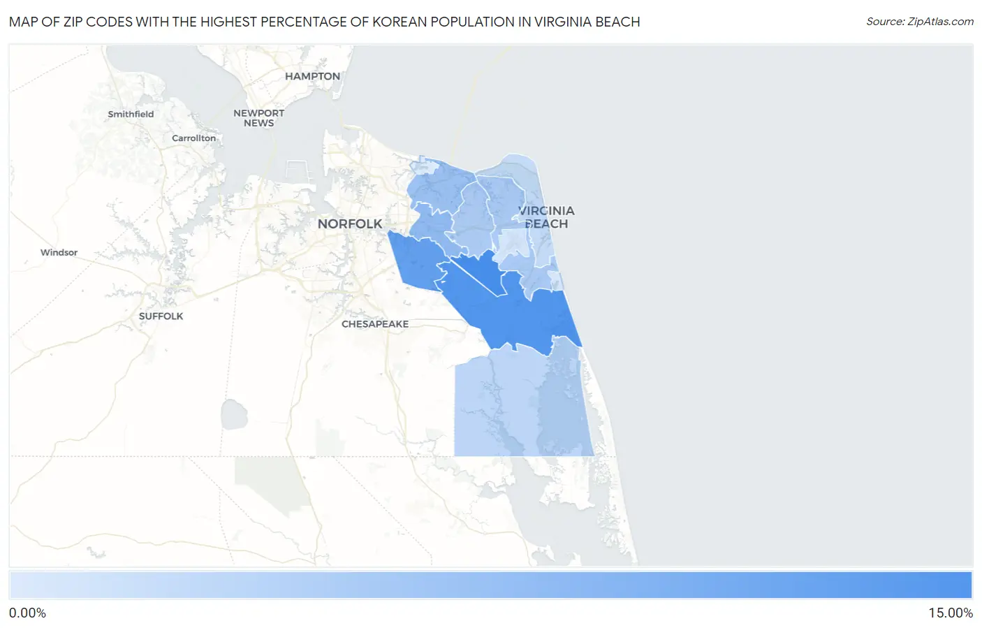 Zip Codes with the Highest Percentage of Korean Population in Virginia Beach Map