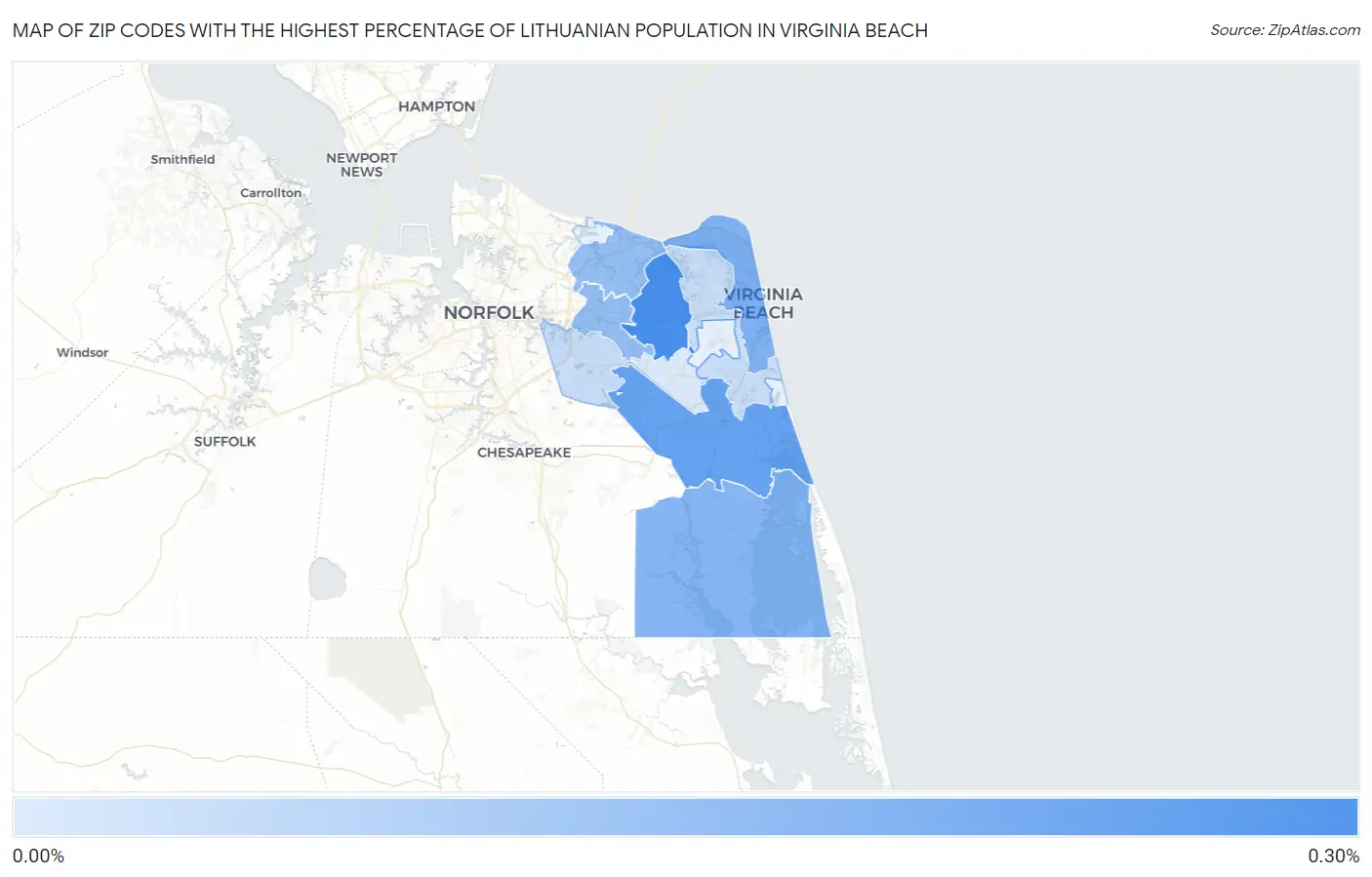 Zip Codes with the Highest Percentage of Lithuanian Population in Virginia Beach Map