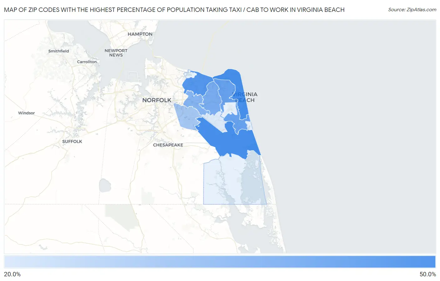 Zip Codes with the Highest Percentage of Population Taking Taxi / Cab to Work in Virginia Beach Map
