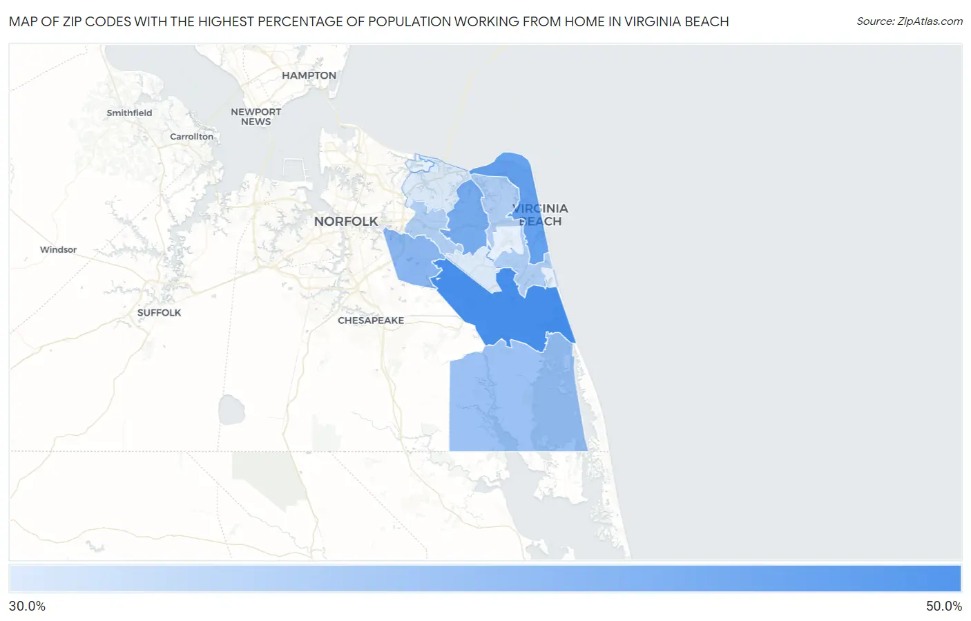 Zip Codes with the Highest Percentage of Population Working from Home in Virginia Beach Map