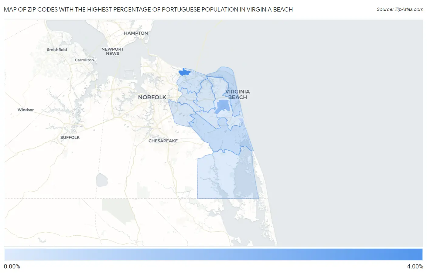 Zip Codes with the Highest Percentage of Portuguese Population in Virginia Beach Map