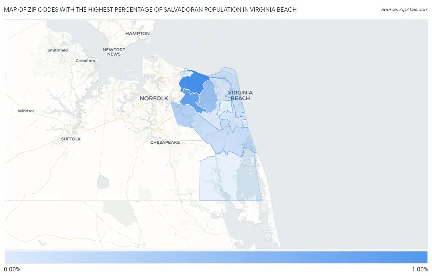 Zip Codes with the Highest Percentage of Salvadoran Population in Virginia Beach Map
