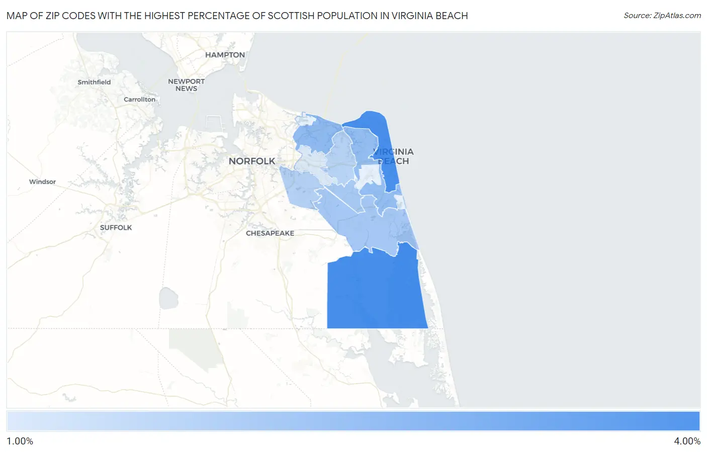 Zip Codes with the Highest Percentage of Scottish Population in Virginia Beach Map