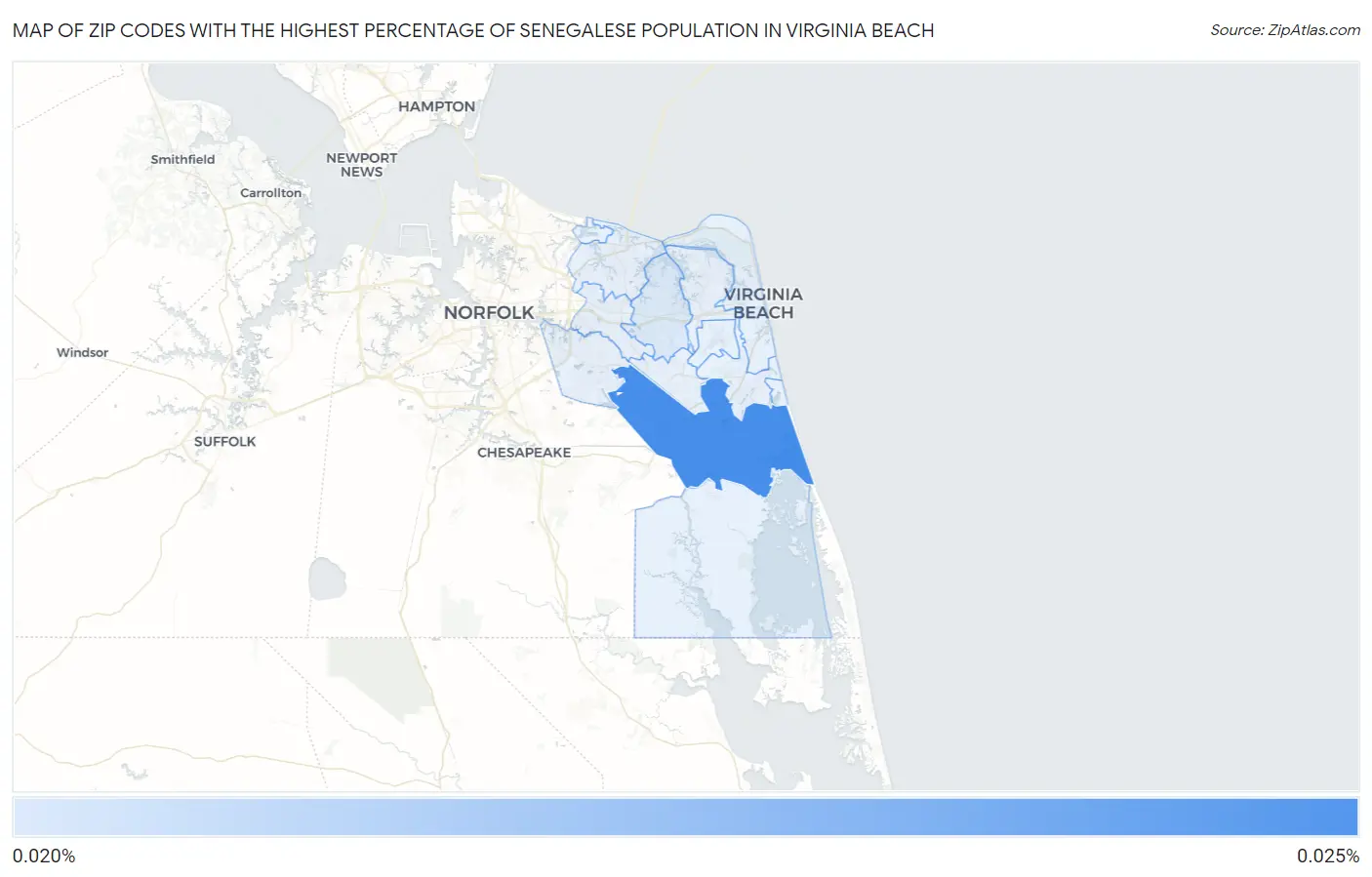 Zip Codes with the Highest Percentage of Senegalese Population in Virginia Beach Map