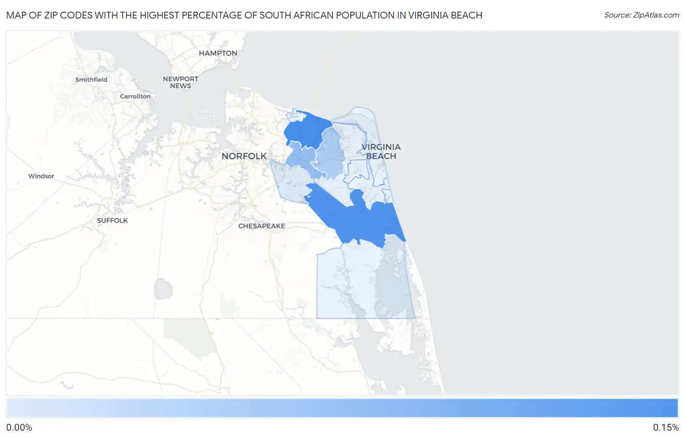 Zip Codes with the Highest Percentage of South African Population in Virginia Beach Map