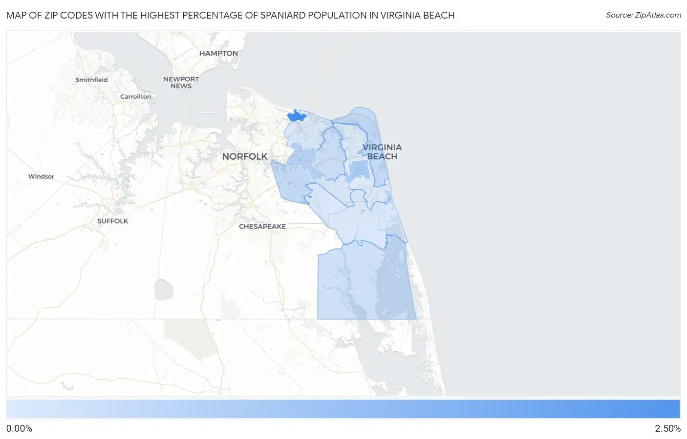 Zip Codes with the Highest Percentage of Spaniard Population in Virginia Beach Map
