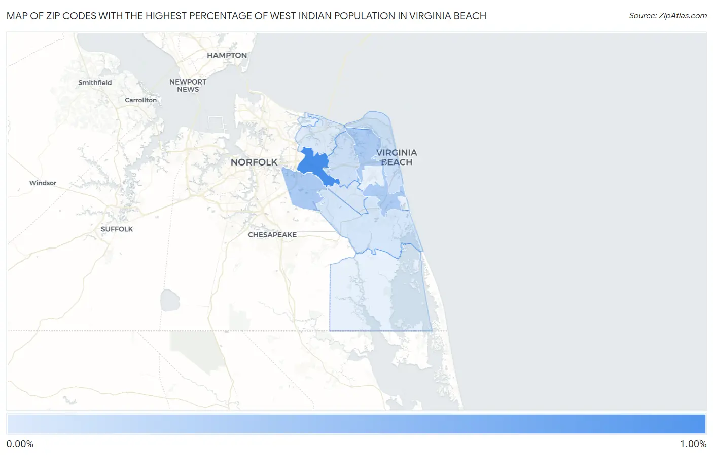 Zip Codes with the Highest Percentage of West Indian Population in Virginia Beach Map