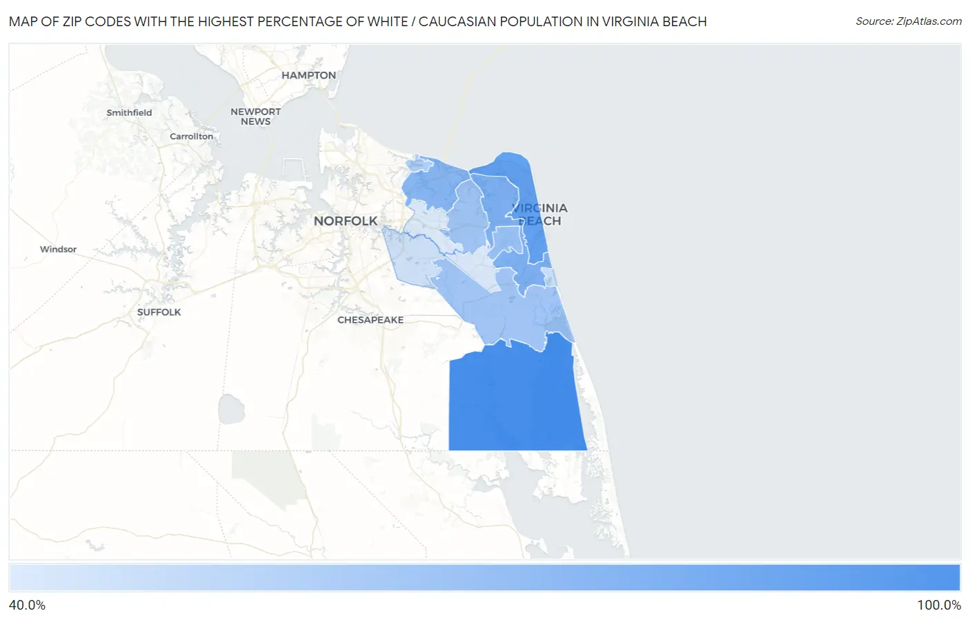 Zip Codes with the Highest Percentage of White / Caucasian Population in Virginia Beach Map