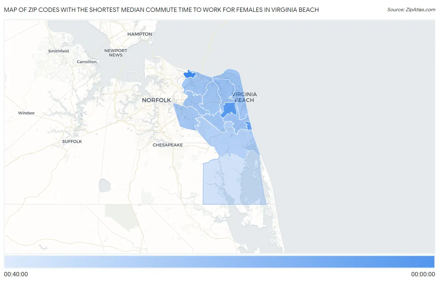 Zip Codes with the Shortest Median Commute Time to Work for Females in Virginia Beach Map