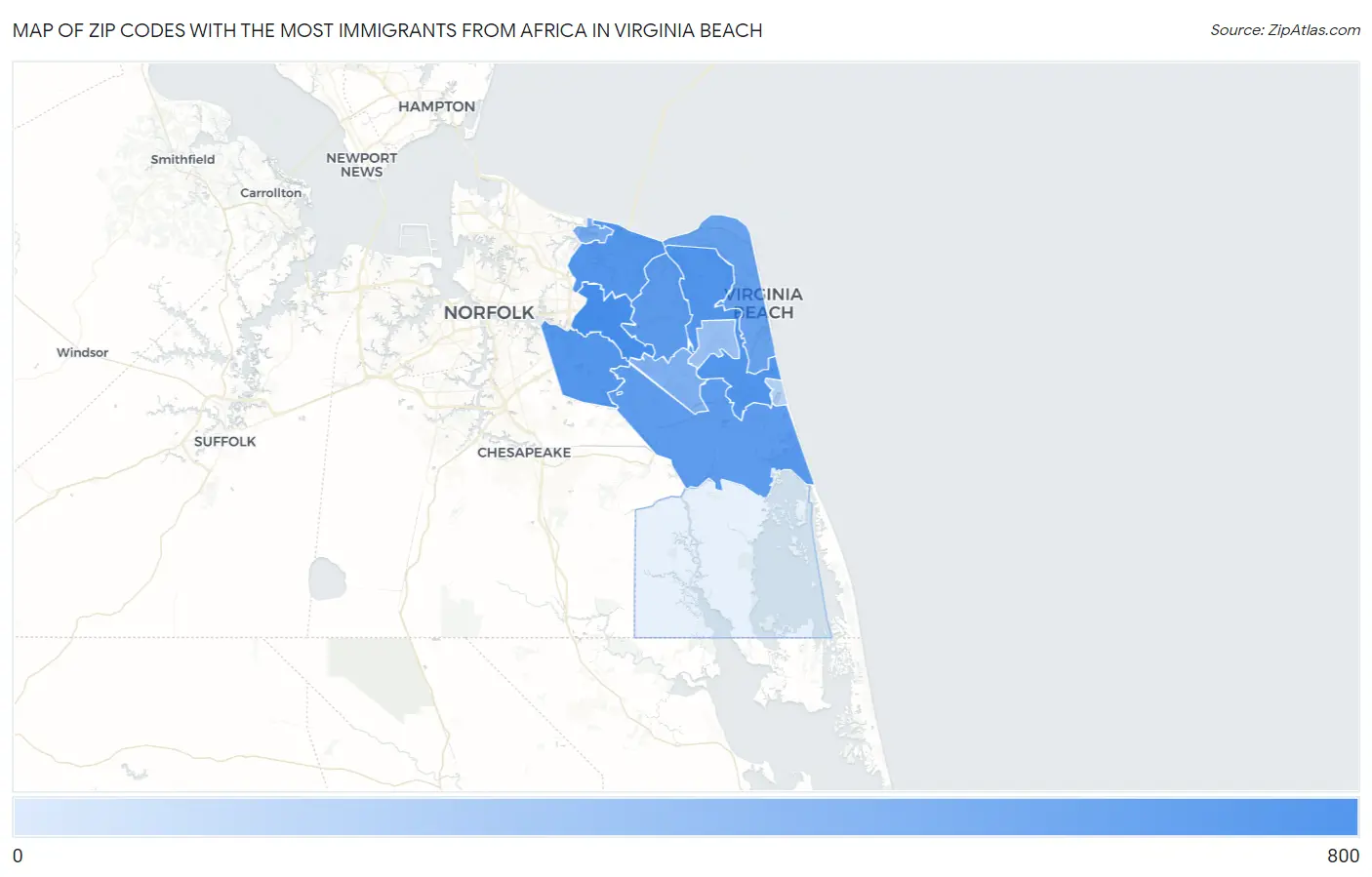 Zip Codes with the Most Immigrants from Africa in Virginia Beach Map